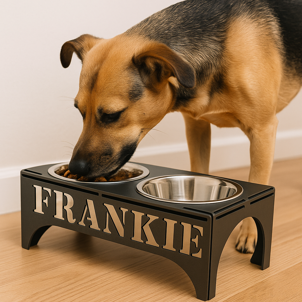 Personalize a food bowl stand with your pets name. 3 sizes available, many color options, painted aluminum, bowls included