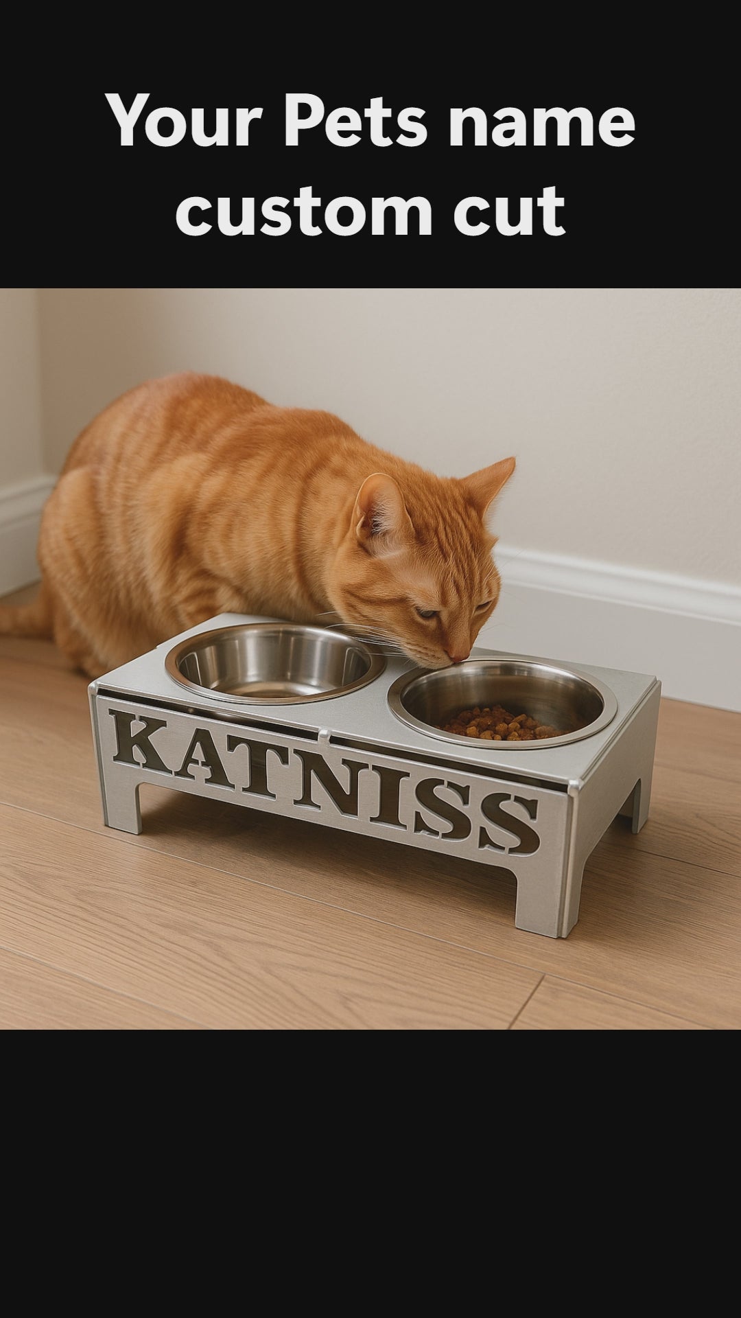 Personalize a food bowl stand with your pets name. 3 sizes available, many color options, painted aluminum, bowls included